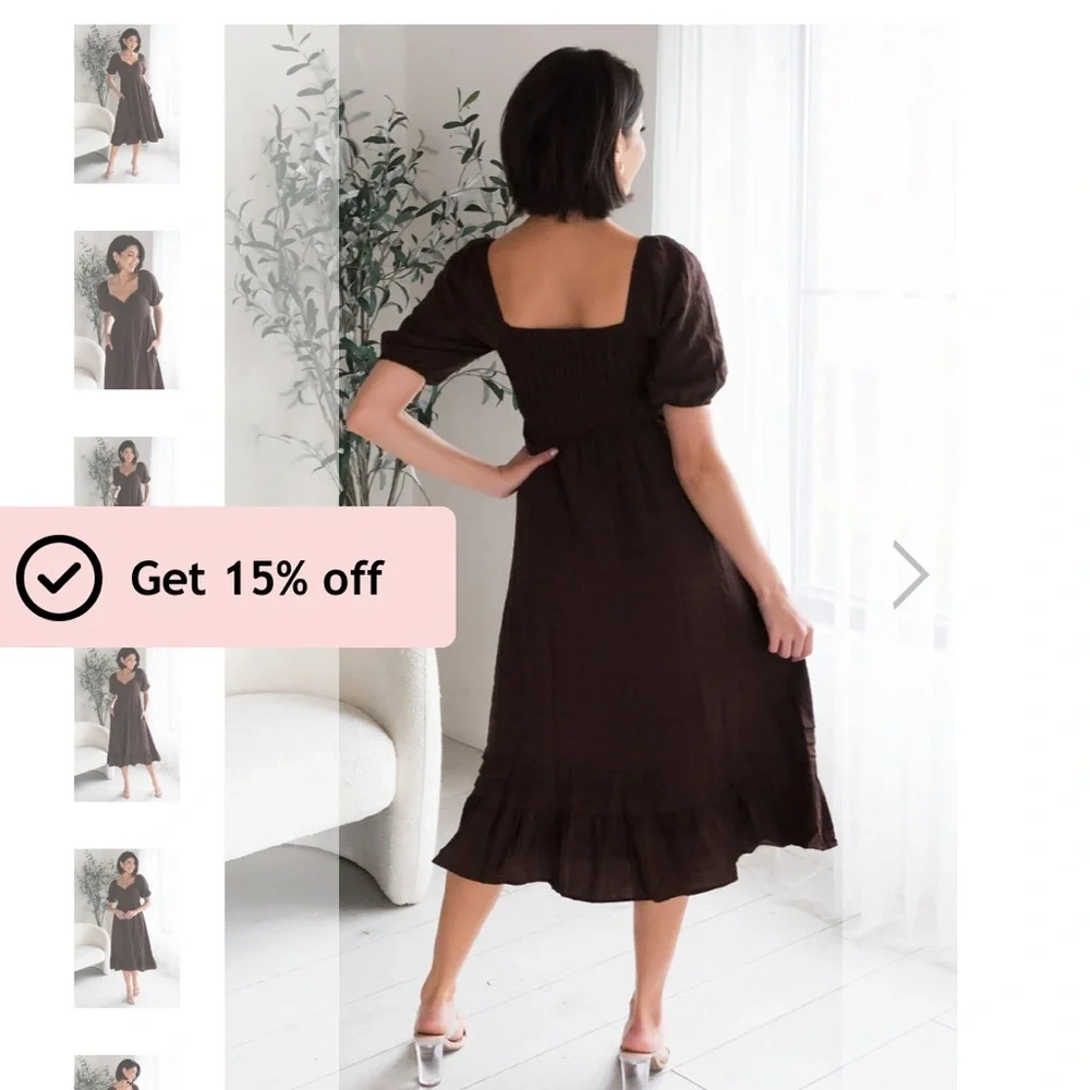 Brown Plaid Midi Dress Puff Sleeves, smoked back, sweetheart neckline - Picture 2 of 5
